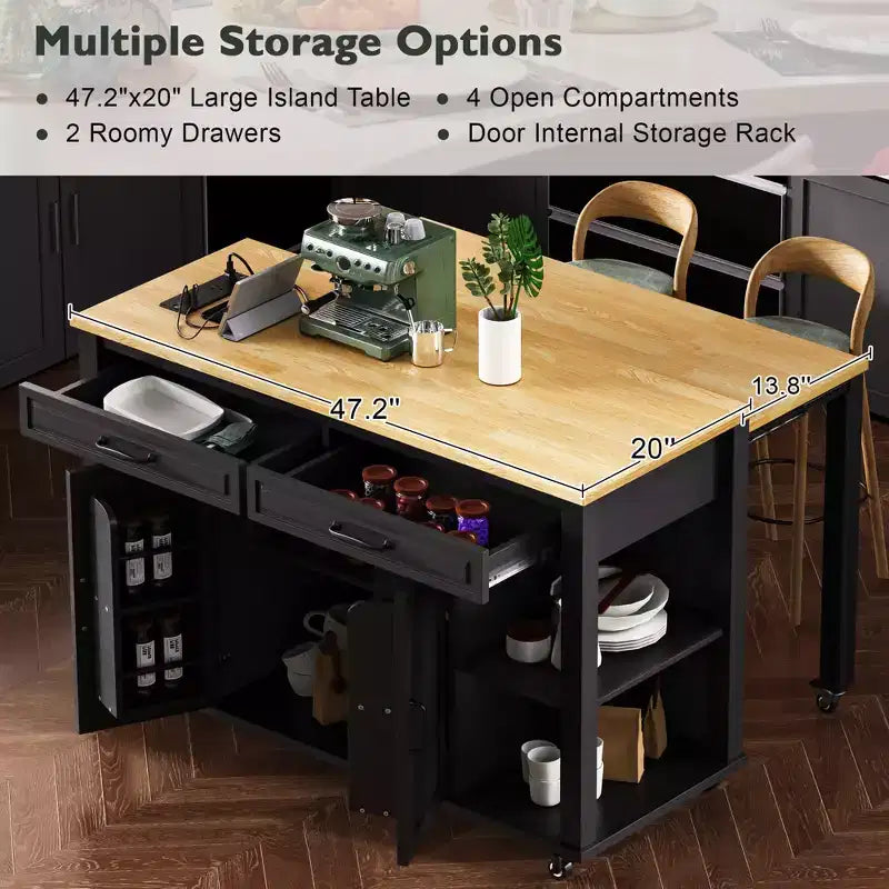 Îlot de cuisine roulant de 119 cm avec table extensible, rangement et prise de courant intégrée