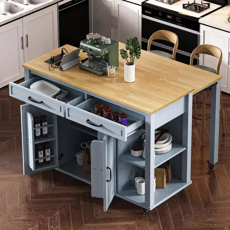 Îlot de cuisine roulant de 119 cm avec table extensible, rangement et prise de courant intégrée