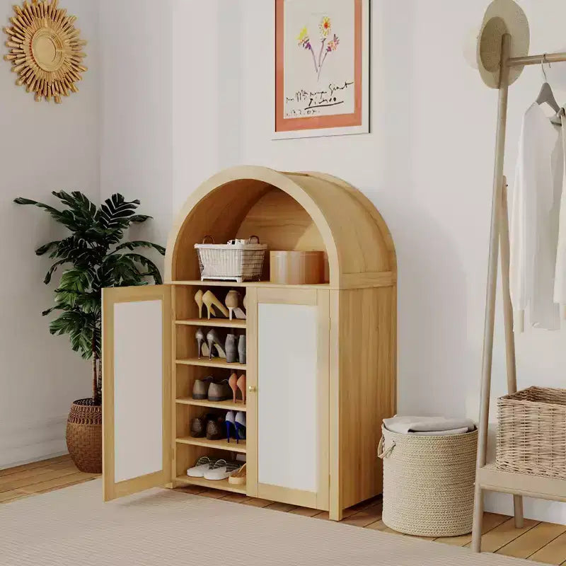 GustoWave 31.5 Arched Shoe Cabinet, 5-Tier 47.8 Tall Rattan Shoe Storage Cabinet with 2 Doors, Open Shelf, Adjustable Shelves, Freestanding