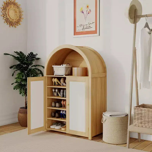 GustoWave 31.5 Arched Shoe Cabinet, 5-Tier 47.8 Tall Rattan Shoe Storage Cabinet with 2 Doors, Open Shelf, Adjustable Shelves, Freestanding