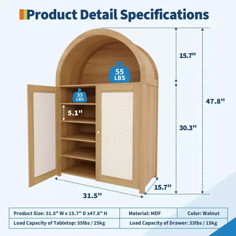 Meuble à chaussures en rotin arqué de 80 cm – 5 niveaux, 2 portes et étagère ouverte, rangement d'entrée bohème