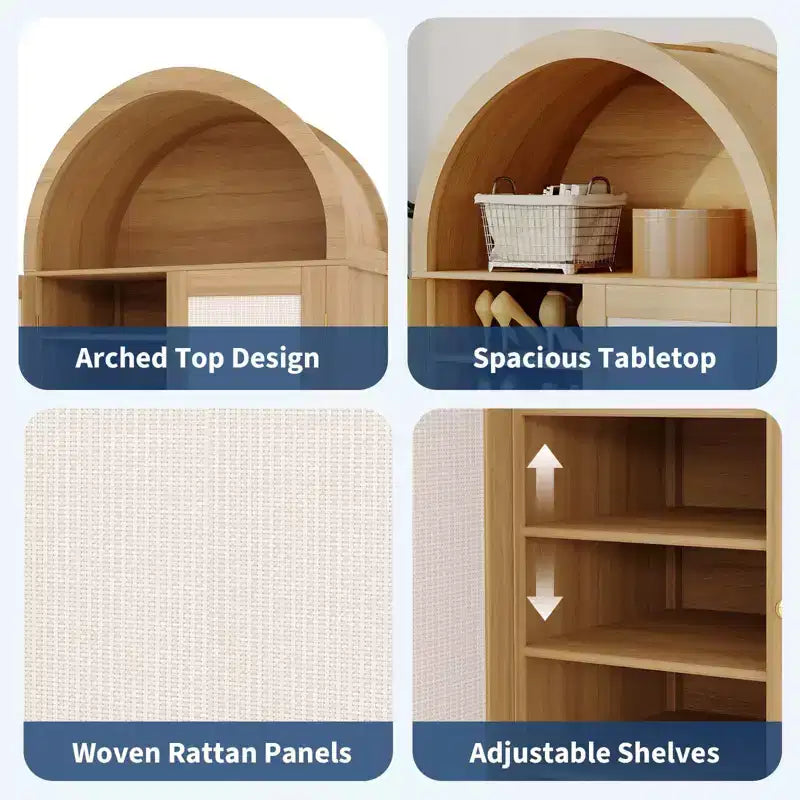 Meuble à chaussures en rotin arqué de 80 cm – 5 niveaux, 2 portes et étagère ouverte, rangement d'entrée bohème