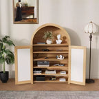 Meuble à chaussures en rotin arqué de 80 cm – 5 niveaux, 2 portes et étagère ouverte, rangement d'entrée bohème