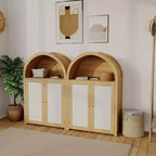 Meuble à chaussures en rotin arqué de 80 cm – 5 niveaux, 2 portes et étagère ouverte, rangement d'entrée bohème