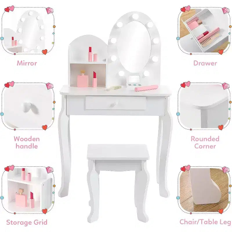 Coiffeuse de princesse pour enfants avec miroir et tabouret – Table de maquillage pour jeu d'imitation, 4-9 ans