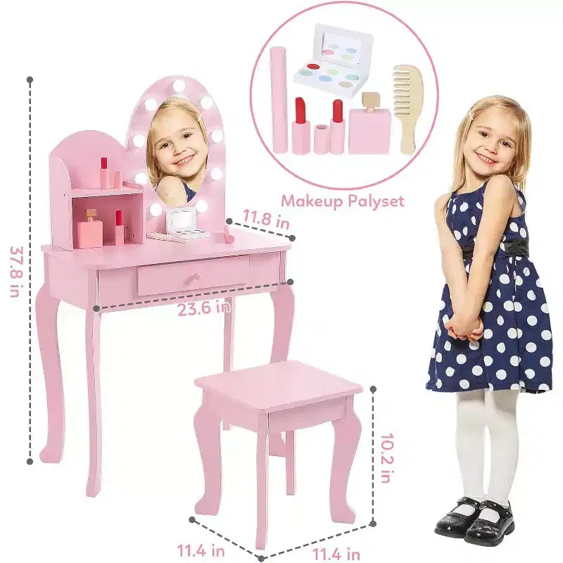 Coiffeuse de princesse pour enfants avec miroir et tabouret – Table de maquillage pour jeu d'imitation, 4-9 ans
