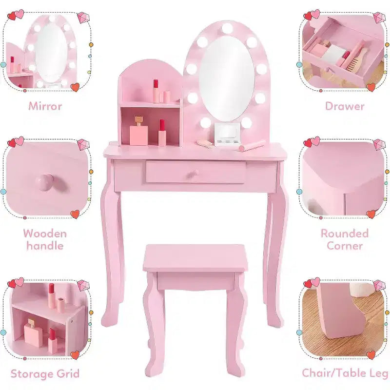 Coiffeuse de princesse pour enfants avec miroir et tabouret – Table de maquillage pour jeu d'imitation, 4-9 ans