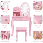 Coiffeuse de princesse pour enfants avec miroir et tabouret – Table de maquillage pour jeu d'imitation, 4-9 ans