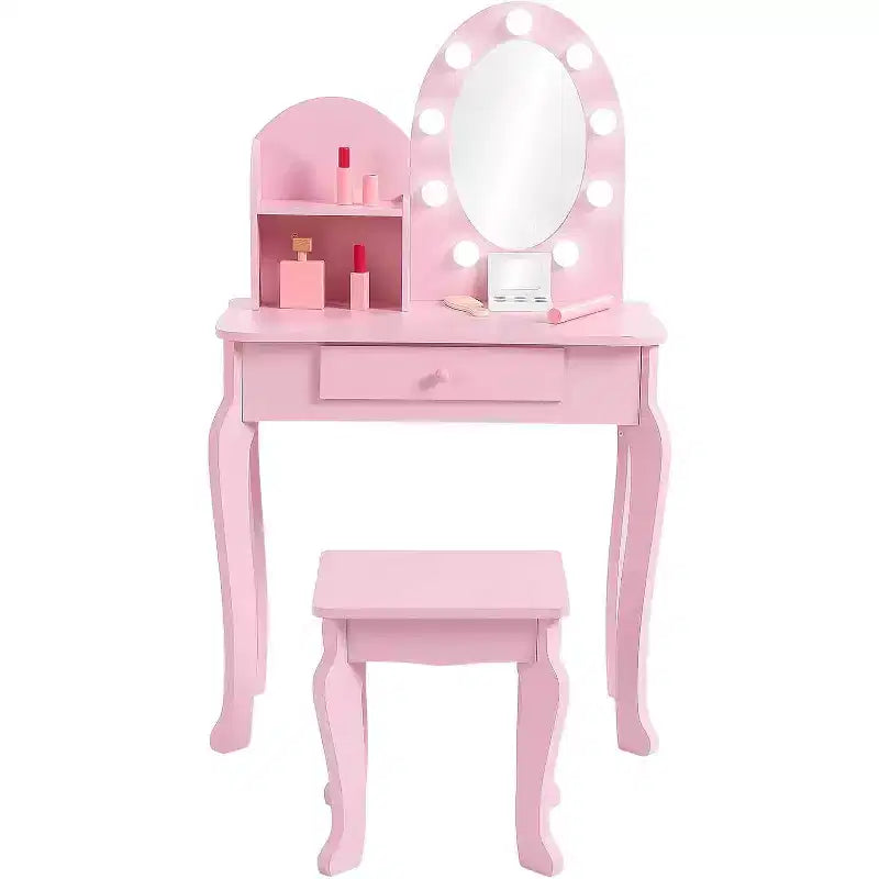 Coiffeuse de princesse pour enfants avec miroir et tabouret – Table de maquillage pour jeu d'imitation, 4-9 ans