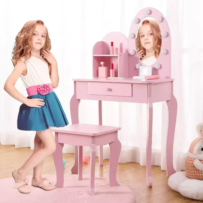 COZONY Kids Vanity Set, Princess Makeup Dressing Table with Mirror and Stool, Wooden Pretend Play Vanity with Drawer and Shelves for Girls Ages 4-9