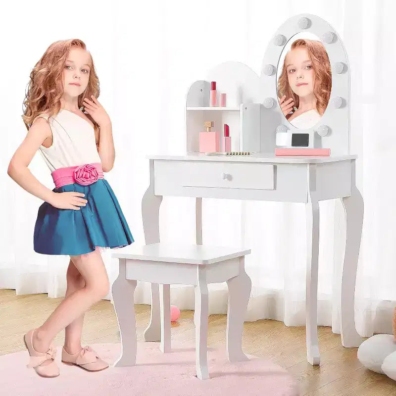 Coiffeuse de princesse pour enfants avec miroir et tabouret – Table de maquillage pour jeu d'imitation, 4-9 ans