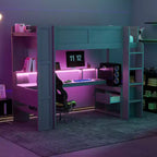 Gaming Loft Bed with Desk, LED and Charging Station, Wood Loft Bed Frame with Multi-Storage Shelves