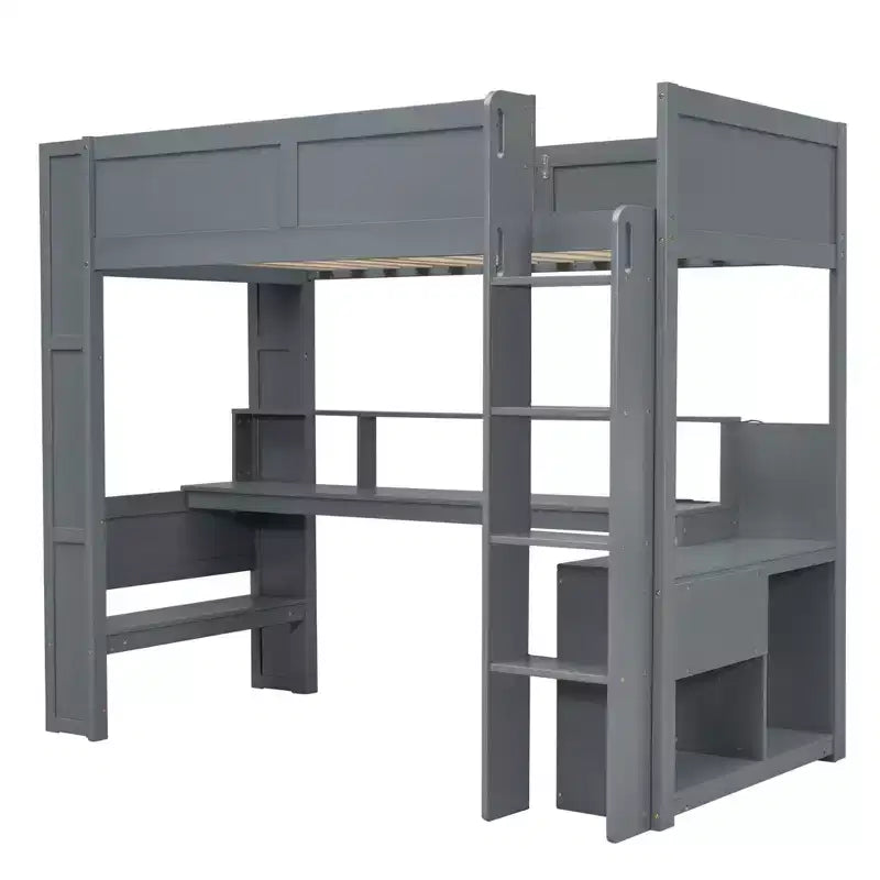 Lit mezzanine gaming avec bureau, lumières LED et station de charge – Pin et MDF, simple/double