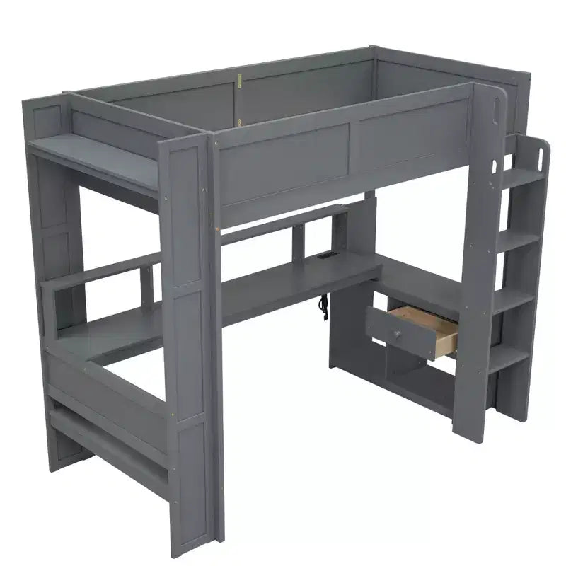 Lit mezzanine gaming avec bureau, lumières LED et station de charge – Pin et MDF, simple/double