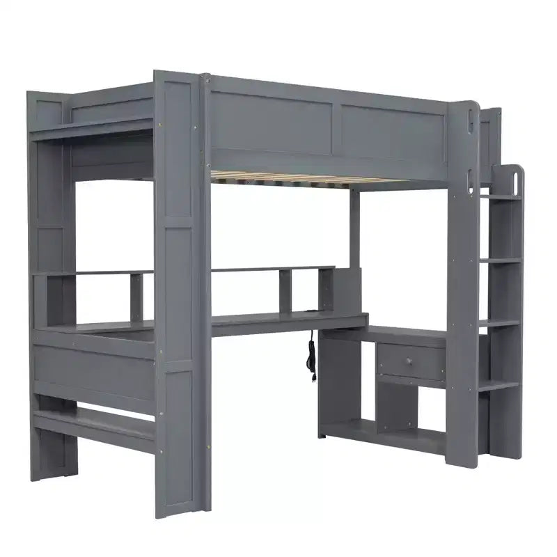 Lit mezzanine gaming avec bureau, lumières LED et station de charge – Pin et MDF, simple/double