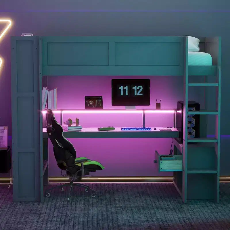 Lit mezzanine gaming avec bureau, lumières LED et station de charge – Pin et MDF, simple/double
