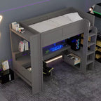 Lit mezzanine gaming avec bureau, lumières LED et station de charge – Pin et MDF, simple/double
