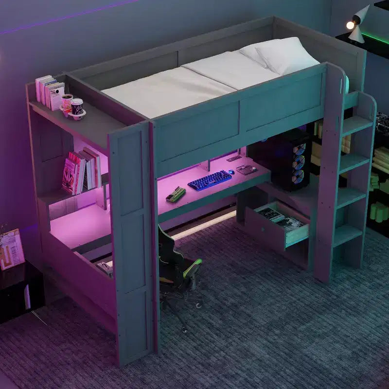 Lit mezzanine gaming avec bureau, lumières LED et station de charge – Pin et MDF, simple/double