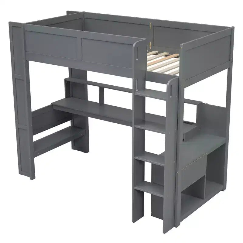 Lit mezzanine gaming avec bureau, lumières LED et station de charge – Pin et MDF, simple/double