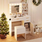 Vanity Desk with Lighted Mirror, Cushioned Stool and 3 Drawers, 3 Light Mode & Brightness Adjusted, with Hairdryer Holder, for Bedroom, Makeup Studio