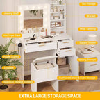 Coiffeuse avec Miroir Lumineux, 3 Tiroirs, Tabouret Rembourré et Support pour Sèche-Cheveux – Blanc