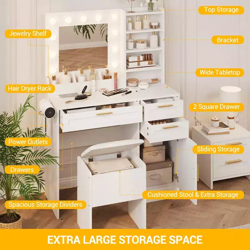 Coiffeuse avec Miroir Lumineux, 3 Tiroirs, Tabouret Rembourré et Support pour Sèche-Cheveux – Blanc