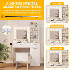 Coiffeuse avec Miroir Lumineux, 3 Tiroirs, Tabouret Rembourré et Support pour Sèche-Cheveux – Blanc
