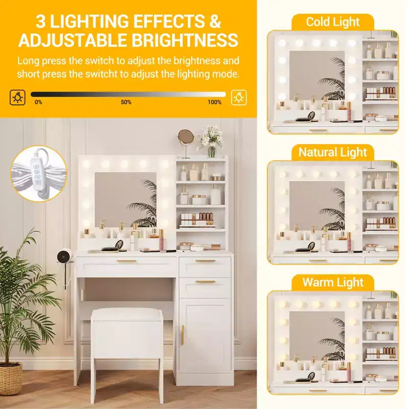 Coiffeuse avec Miroir Lumineux, 3 Tiroirs, Tabouret Rembourré et Support pour Sèche-Cheveux – Blanc
