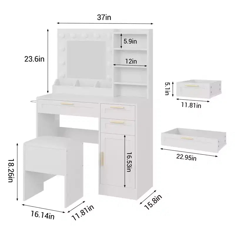 Coiffeuse avec Miroir Lumineux, 3 Tiroirs, Tabouret Rembourré et Support pour Sèche-Cheveux – Blanc