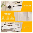 Coiffeuse avec Miroir Lumineux, 3 Tiroirs, Tabouret Rembourré et Support pour Sèche-Cheveux – Blanc