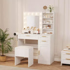 Coiffeuse avec Miroir Lumineux, 3 Tiroirs, Tabouret Rembourré et Support pour Sèche-Cheveux – Blanc
