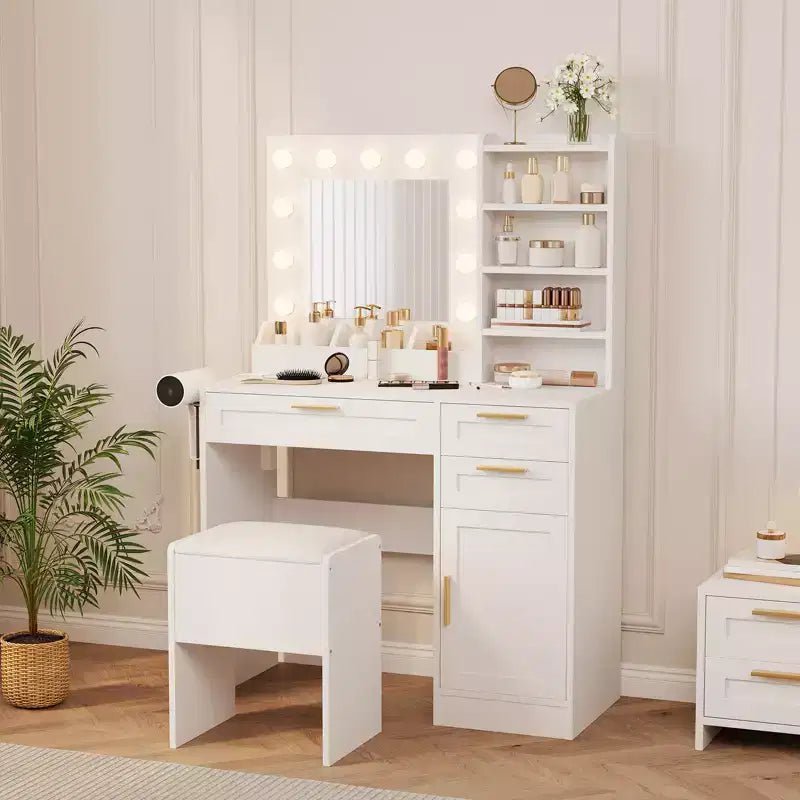 Coiffeuse avec Miroir Lumineux, 3 Tiroirs, Tabouret Rembourré et Support pour Sèche-Cheveux – Blanc