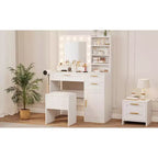 Coiffeuse avec Miroir Lumineux, 3 Tiroirs, Tabouret Rembourré et Support pour Sèche-Cheveux – Blanc