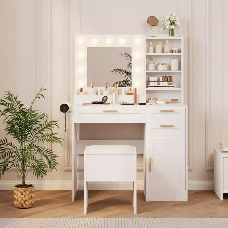 Coiffeuse avec Miroir Lumineux, 3 Tiroirs, Tabouret Rembourré et Support pour Sèche-Cheveux – Blanc