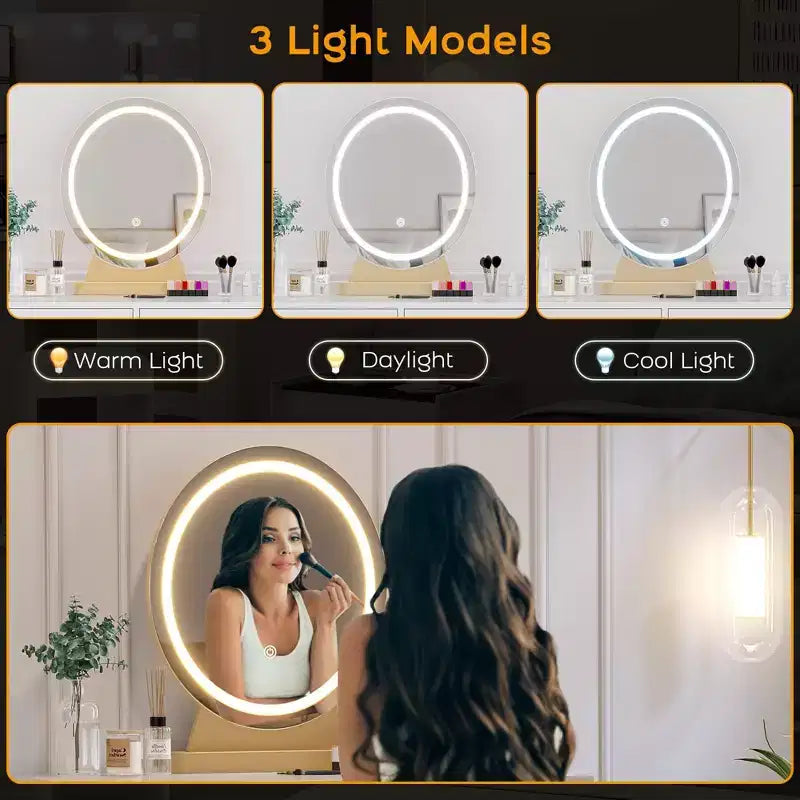 Coiffeuse avec miroir lumineux 3 couleurs à intensité variable, tiroirs et tabouret rembourré – Blanc