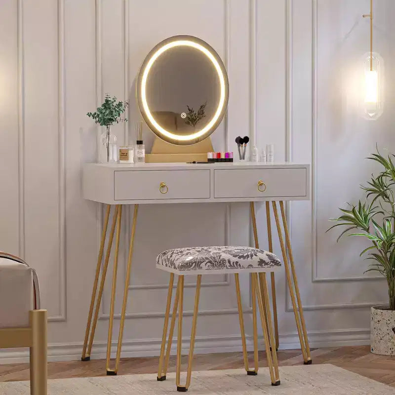 Coiffeuse avec miroir lumineux 3 couleurs à intensité variable, tiroirs et tabouret rembourré – Blanc