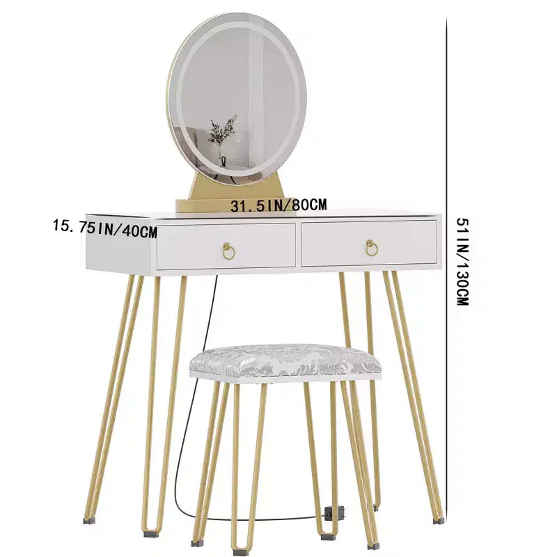Coiffeuse avec miroir lumineux 3 couleurs à intensité variable, tiroirs et tabouret rembourré – Blanc