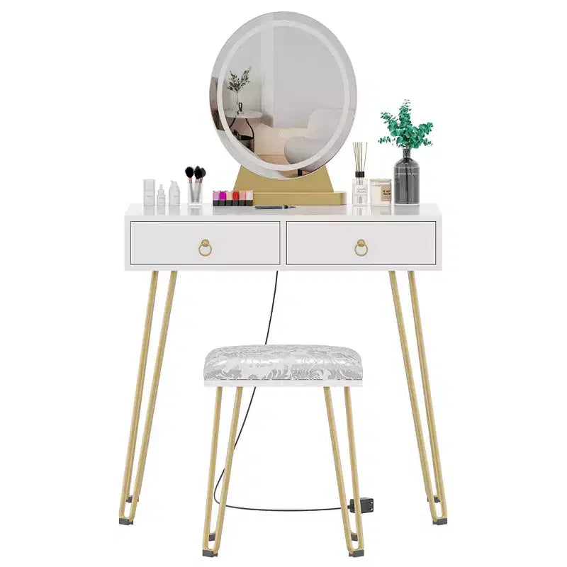 Coiffeuse avec miroir lumineux 3 couleurs à intensité variable, tiroirs et tabouret rembourré – Blanc