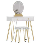 Coiffeuse avec miroir lumineux 3 couleurs à intensité variable, tiroirs et tabouret rembourré – Blanc
