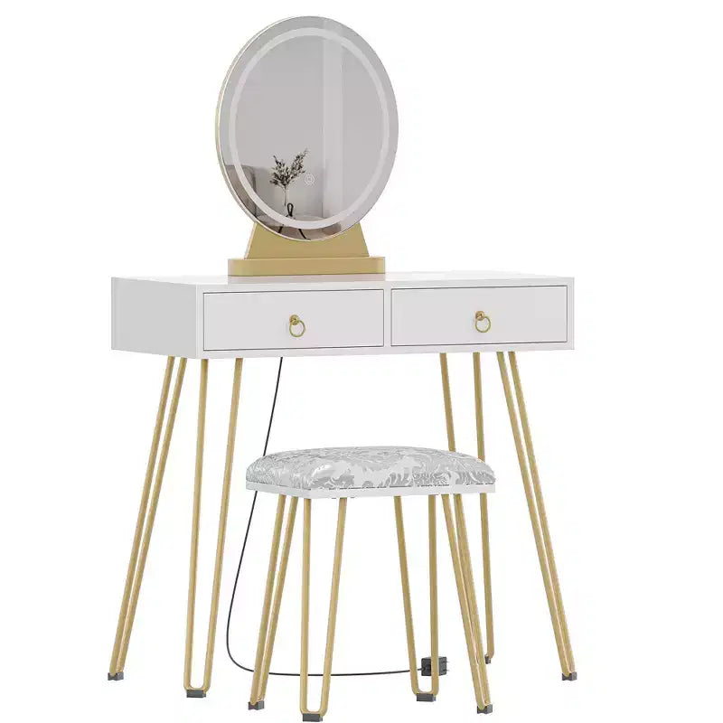 Coiffeuse avec miroir lumineux 3 couleurs à intensité variable, tiroirs et tabouret rembourré – Blanc