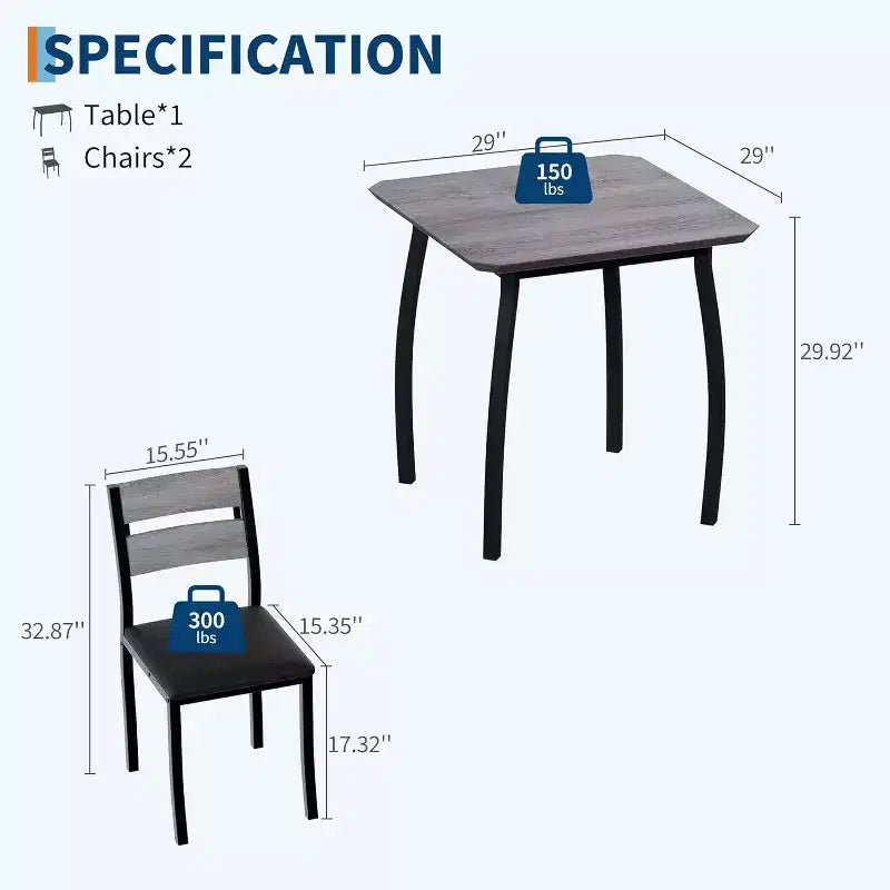 Ensemble repas carré 3 pièces – Structure en métal, plateau de table en bois et 2 chaises rembourrées, 2 places