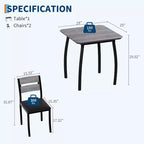 Ensemble repas carré 3 pièces – Structure en métal, plateau de table en bois et 2 chaises rembourrées, 2 places