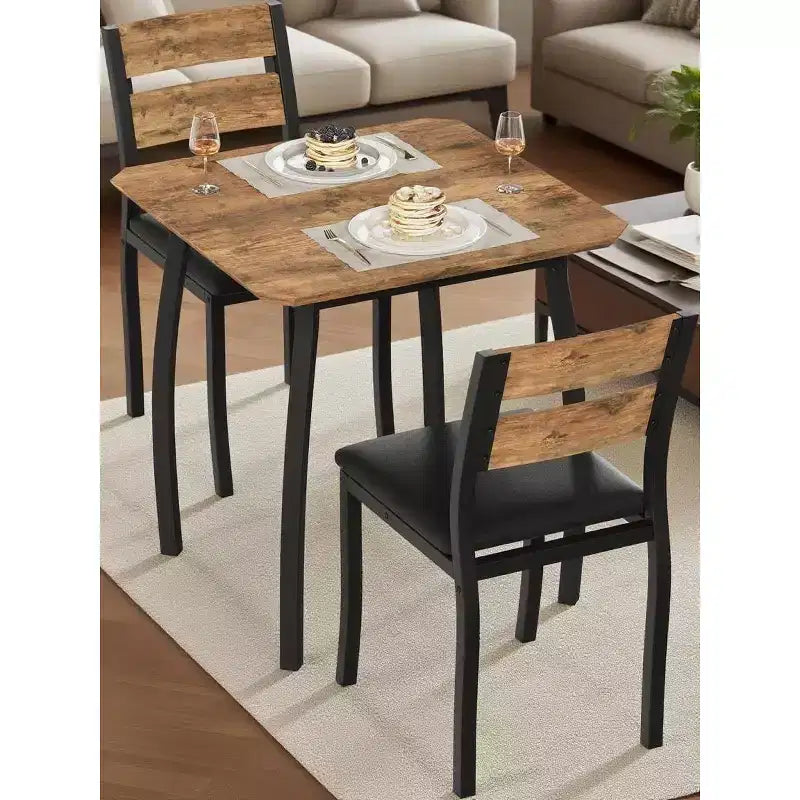 Ensemble repas carré 3 pièces – Structure en métal, plateau de table en bois et 2 chaises rembourrées, 2 places