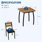 Ensemble repas carré 3 pièces – Structure en métal, plateau de table en bois et 2 chaises rembourrées, 2 places