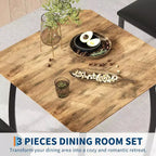 Ensemble repas carré 3 pièces – Structure en métal, plateau de table en bois et 2 chaises rembourrées, 2 places