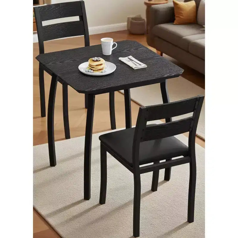 Ensemble repas carré 3 pièces – Structure en métal, plateau de table en bois et 2 chaises rembourrées, 2 places