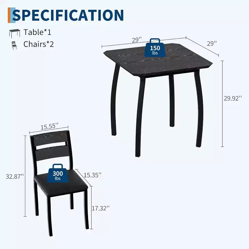 Ensemble repas carré 3 pièces – Structure en métal, plateau de table en bois et 2 chaises rembourrées, 2 places
