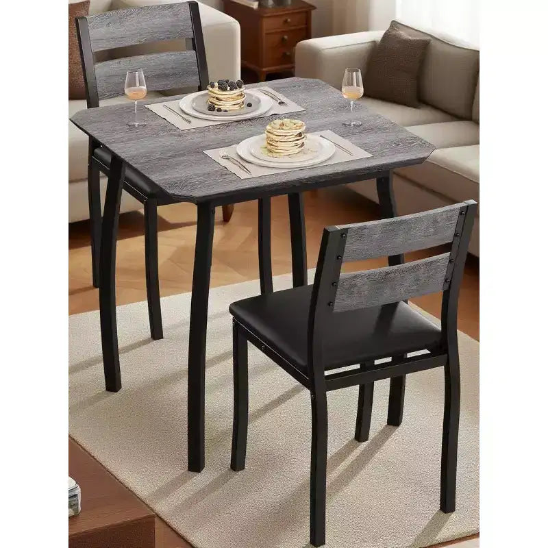 Ensemble repas carré 3 pièces – Structure en métal, plateau de table en bois et 2 chaises rembourrées, 2 places