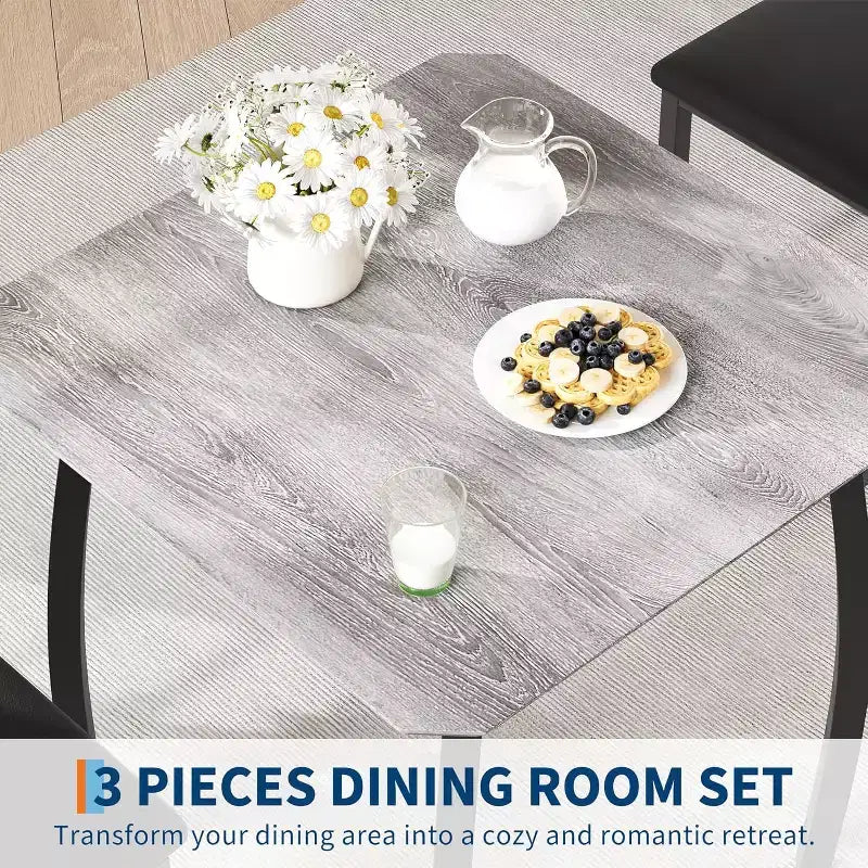 Ensemble repas carré 3 pièces – Structure en métal, plateau de table en bois et 2 chaises rembourrées, 2 places