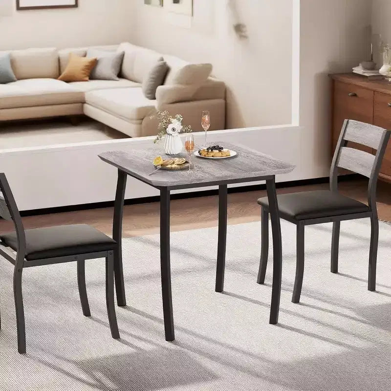 Ensemble repas carré 3 pièces – Structure en métal, plateau de table en bois et 2 chaises rembourrées, 2 places
